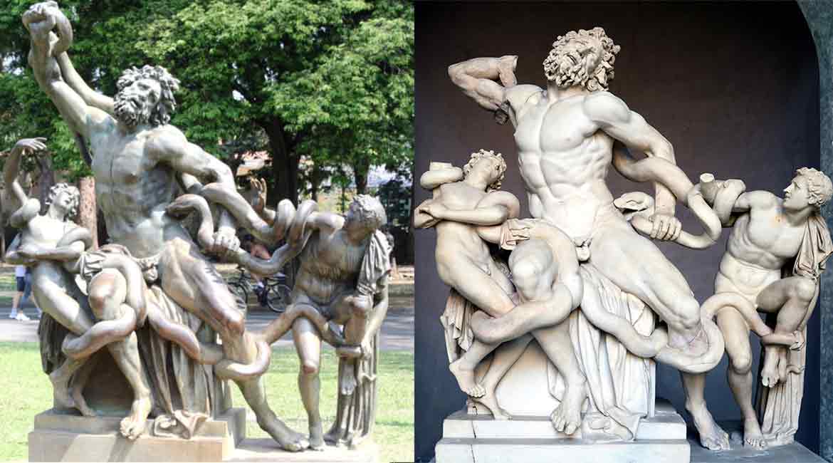 Cópia em bronze de "Laocoonte e seus filhos" no parque e original em mármore no Museu Pio-Clementino (Vaticano).