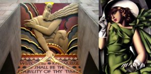 Exemplos do estilo “déco”: à esquerda, “Wisdom” (Sabedoria), baixo relevo policromado acima da porta de entrada do edifício 30 Rockefeller Plaza, Nova York, de Lee Lawrie; à direita, “Jovem com luvas” (1930), óleo sobre tela, de Tamara de Lempicka, Musée National d’Art Moderne, Paris.