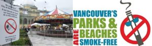 Esquerda: proibição de fumar em todos os espços municipais de Ottawa; direita: vinheta usada no portal da Prefeitura de Vancouver para divulgar a proibição de fumar nos parques e praias da cidade.