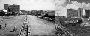 À esquerda, Av. 23 de Maio em fase de acabamento, vista da altura da rua Cubatão em direção do Obelisco; à direita, a avenida em construção com o viaduto da rua Tutóia.