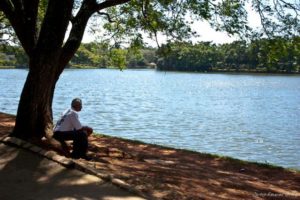 Homem contemplando a lagoa do Parque do Ibirapuera. Foto: Carlos Eduardo Godoy.