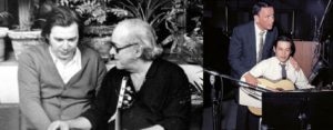 À esquerda, Antônio Carlos (Tom) Jobim com Vinícius de Moraes; e, à direita, com Frank Sinatra, um dos seus grandes intérpretes internacionais.