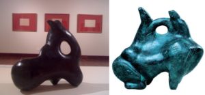 Duas esculturas de Victor Brecheret, exemplos da sua valorização e do seu grande interesse pela arte marajoara. À esquerda, “O índio e a suassuapara”; à direita: “Drama marajoara”.